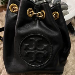 Tory Burch Fleming Mini Small Black Soft Leather Chain Backpack Purse Bag Tote